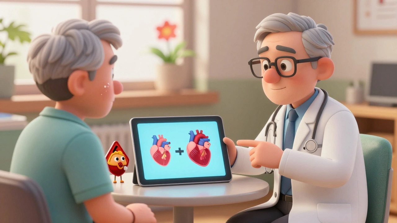 A doctor and patient discussing Vastarel with a heart cell animation on a tablet.