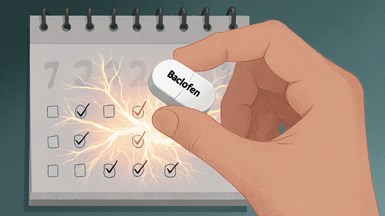 A hand holding a baclofen pill with glowing neural pathways showing how it calms nerve signals.