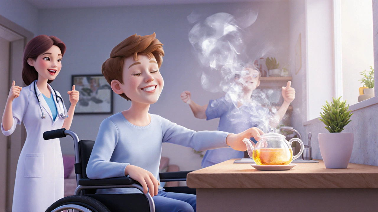 A person in a wheelchair reaching for a teapot, with muscle tension fading away around them.