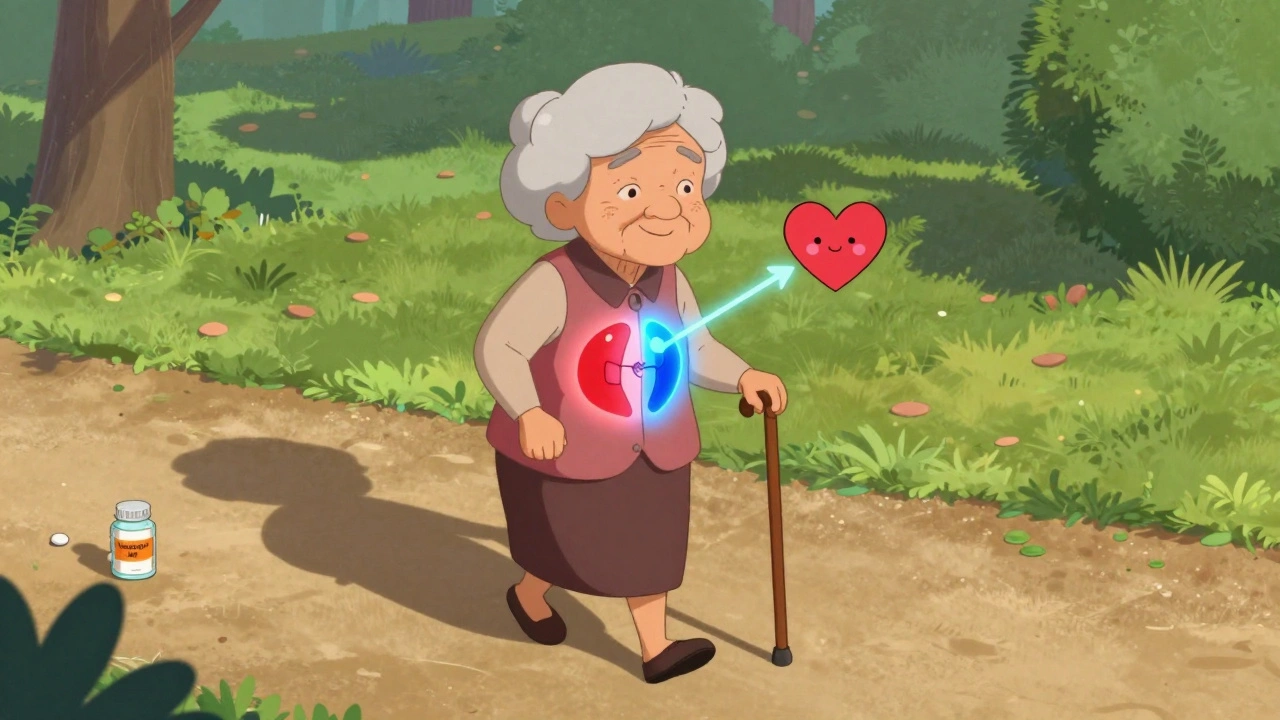 An elderly woman walking in a park with a glowing heart overlay showing energy conversion.