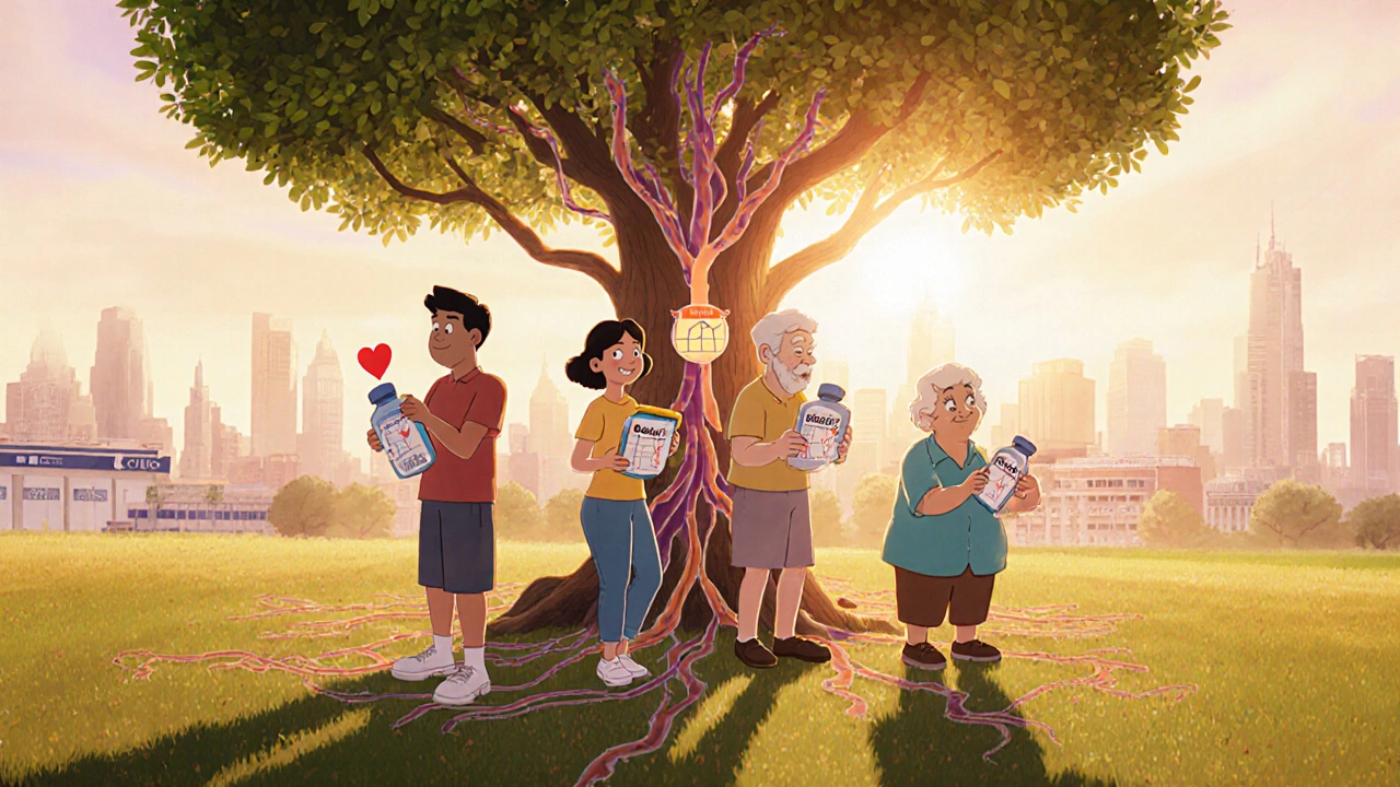 Diverse people holding Betoptic bottles under a tree shaped like an optic nerve, sunlight casting pressure graphs.