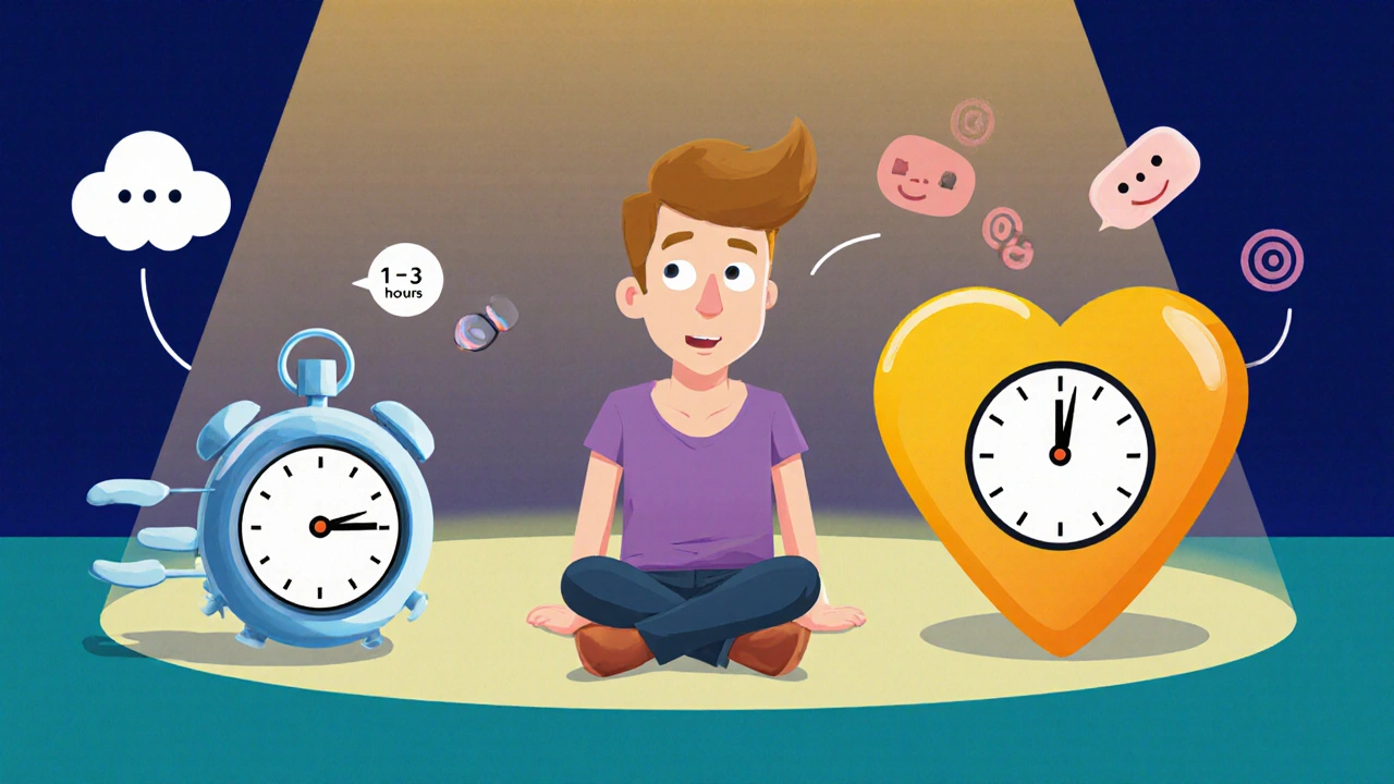 Animated dapoxetine and tadalafil characters explain onset times beside a man.