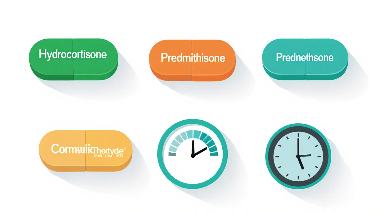 Array of medication tablets with icons for mineralocorticoid strength and dosing frequency.