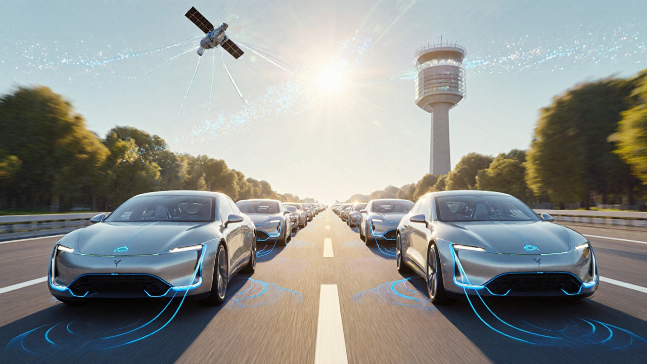 Autonomous car platoon on a dedicated lane with glowing lidar and data streams overhead.