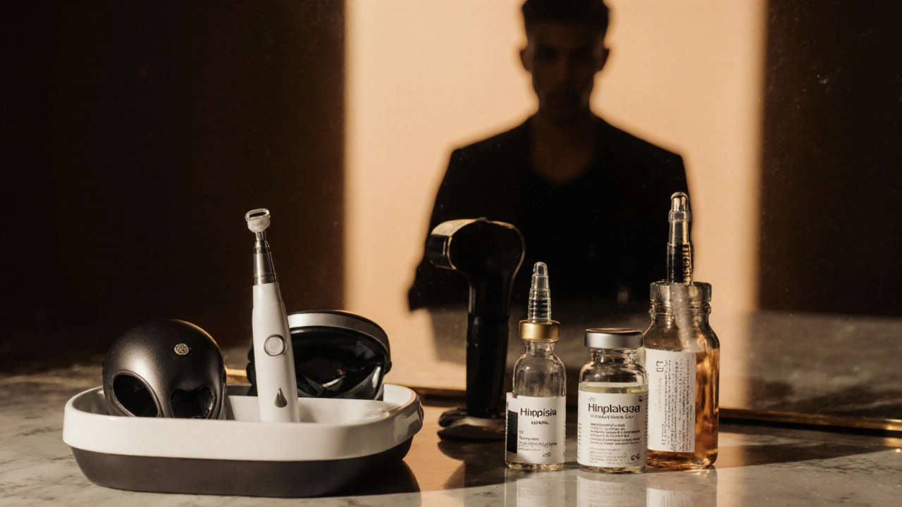 Balanced display of different hair‑restoration tools on a marble surface.