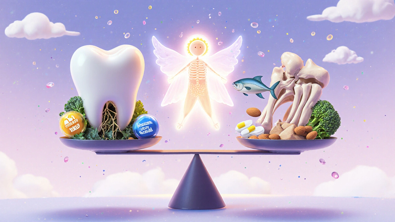 Balanced scale shows healthy jawbone with nutrients against crumbling bone and stress factors.