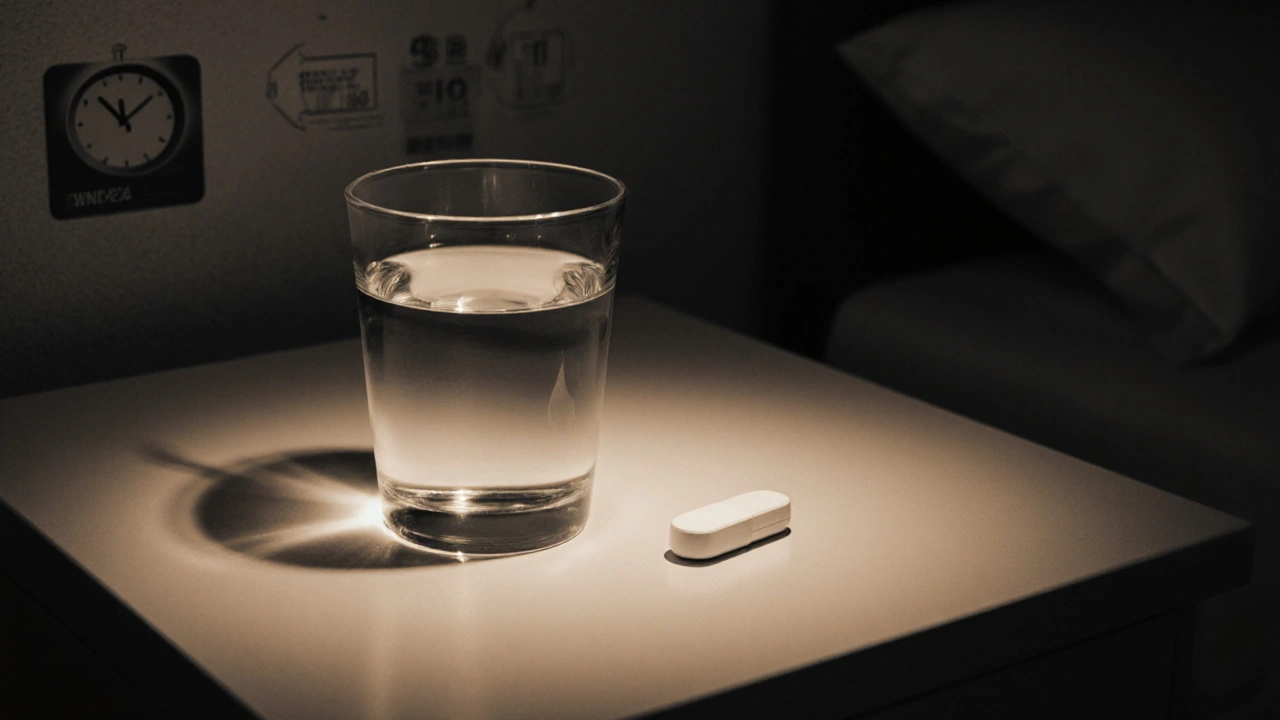 Bedroom night scene with a tablet on a bedside table illuminated by a warm glow, indicating flexible timing.