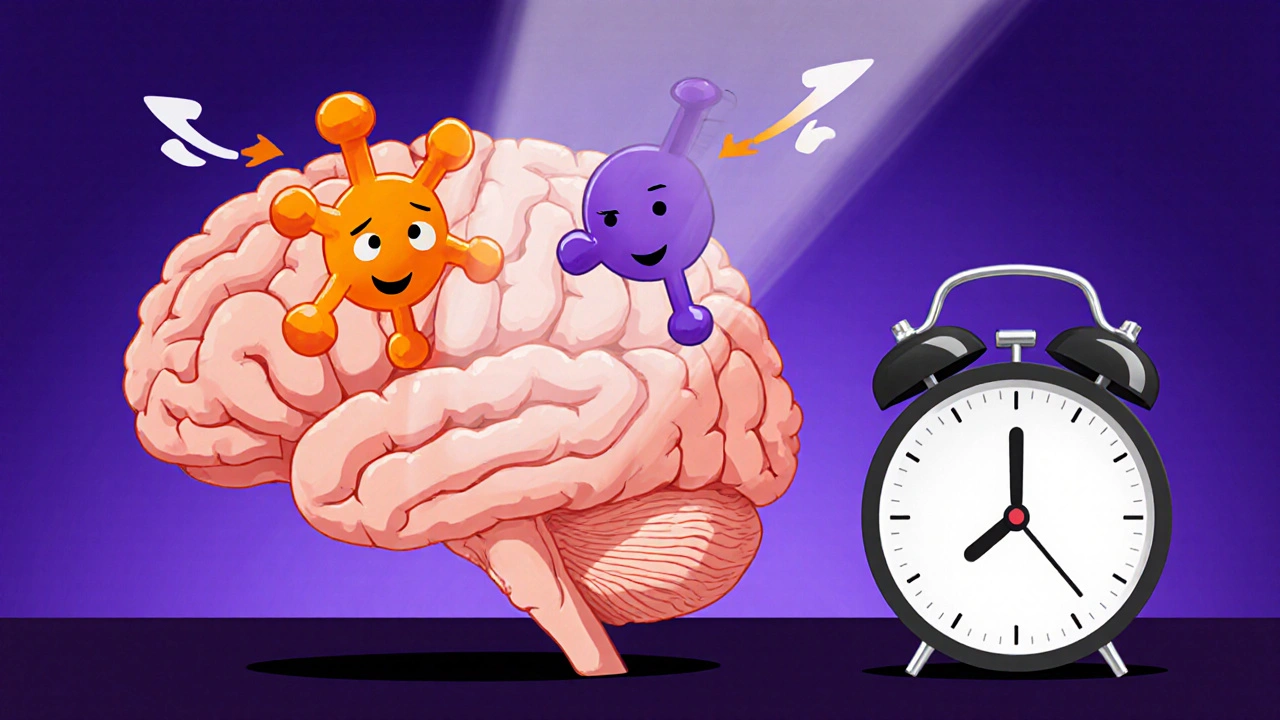 Cartoon brain diagram showing serotonin and histamine affecting temperature.