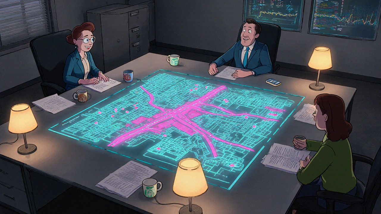 City planners reviewing a holographic 3D map of traffic routes and autonomous vehicle lanes.