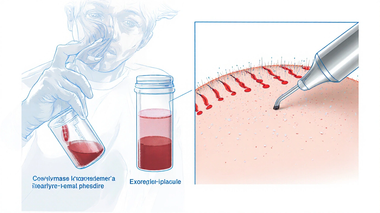 Close‑up of Himplasia injection using a microneedle on a scalp.