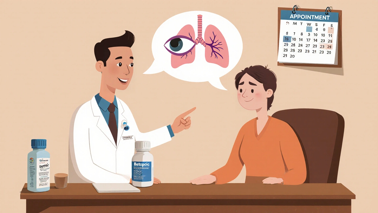 Doctor and patient reviewing treatment options, with Betoptic bottle and lung‑eye illustration.