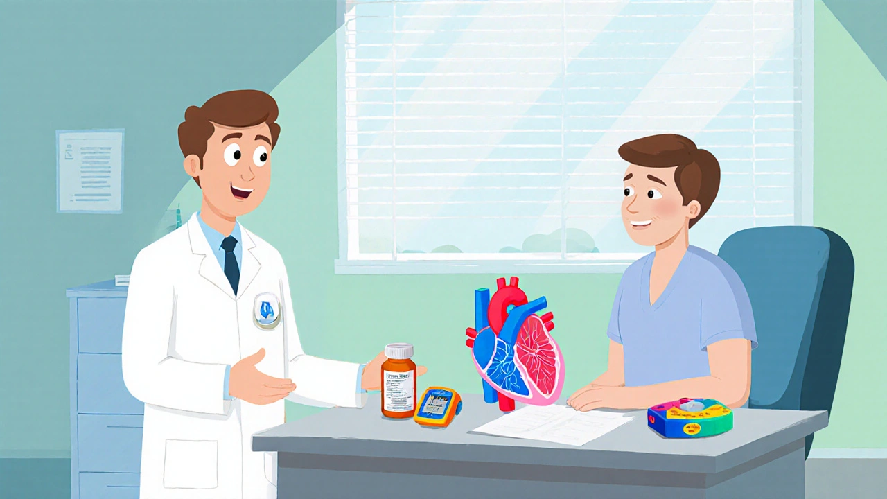 Doctor explains atenolol safety using a pill bottle, peak‑flow meter, and heart‑lung model.