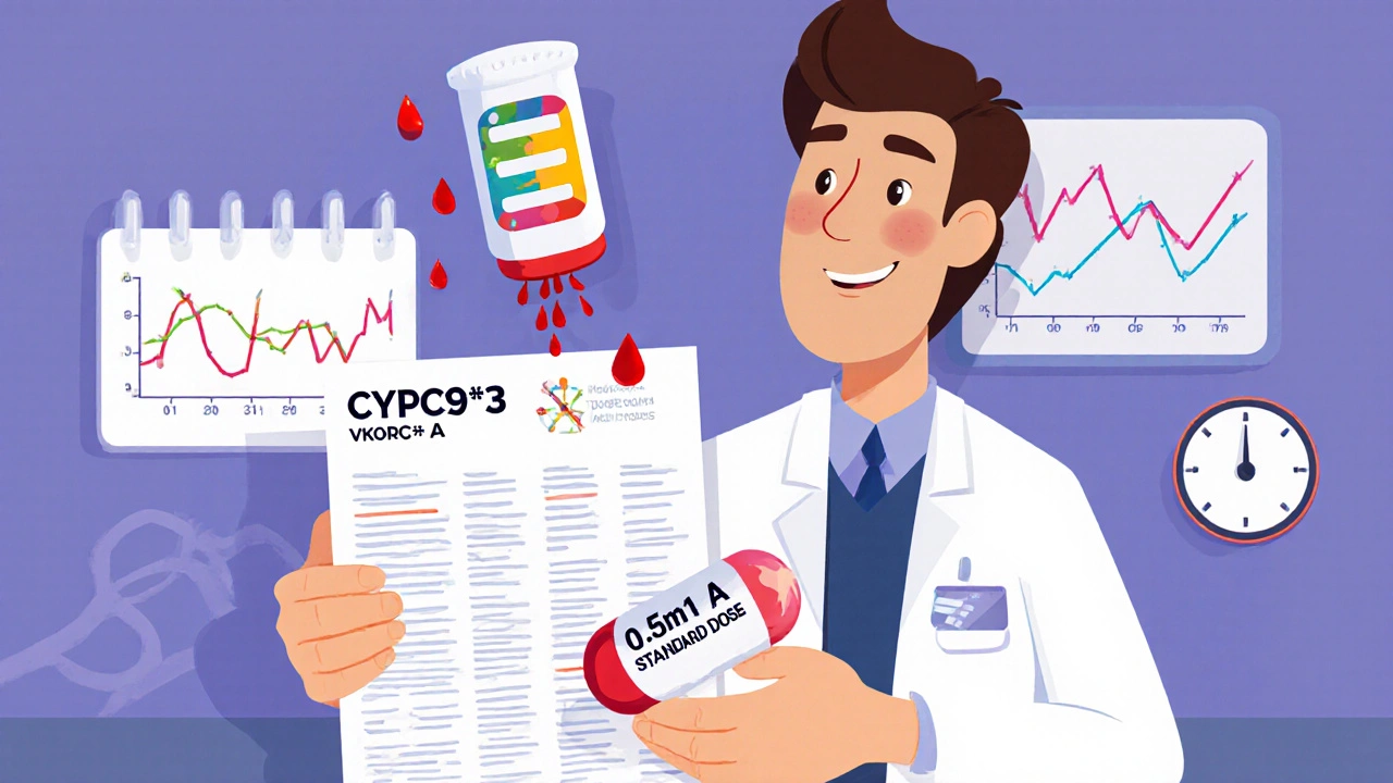 Doctor holding genetic report as giant warfarin pill leaks blood, tiny safe pill beside it