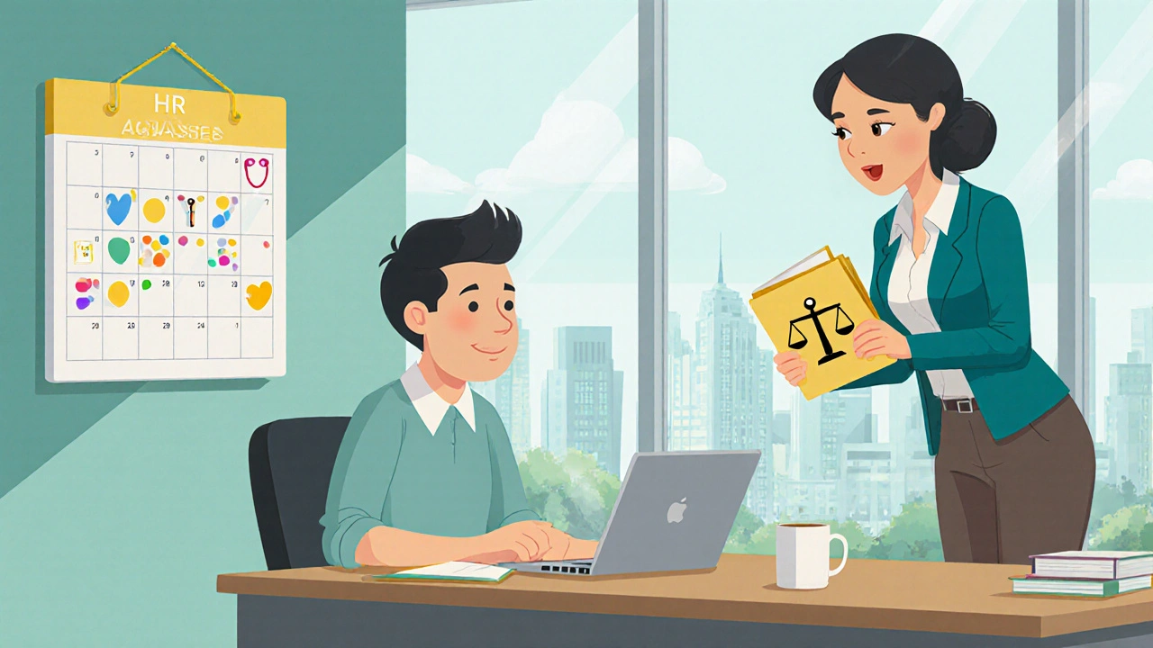 Employee discussing fertility leave with HR in a bright office, calendar showing medical appointments.