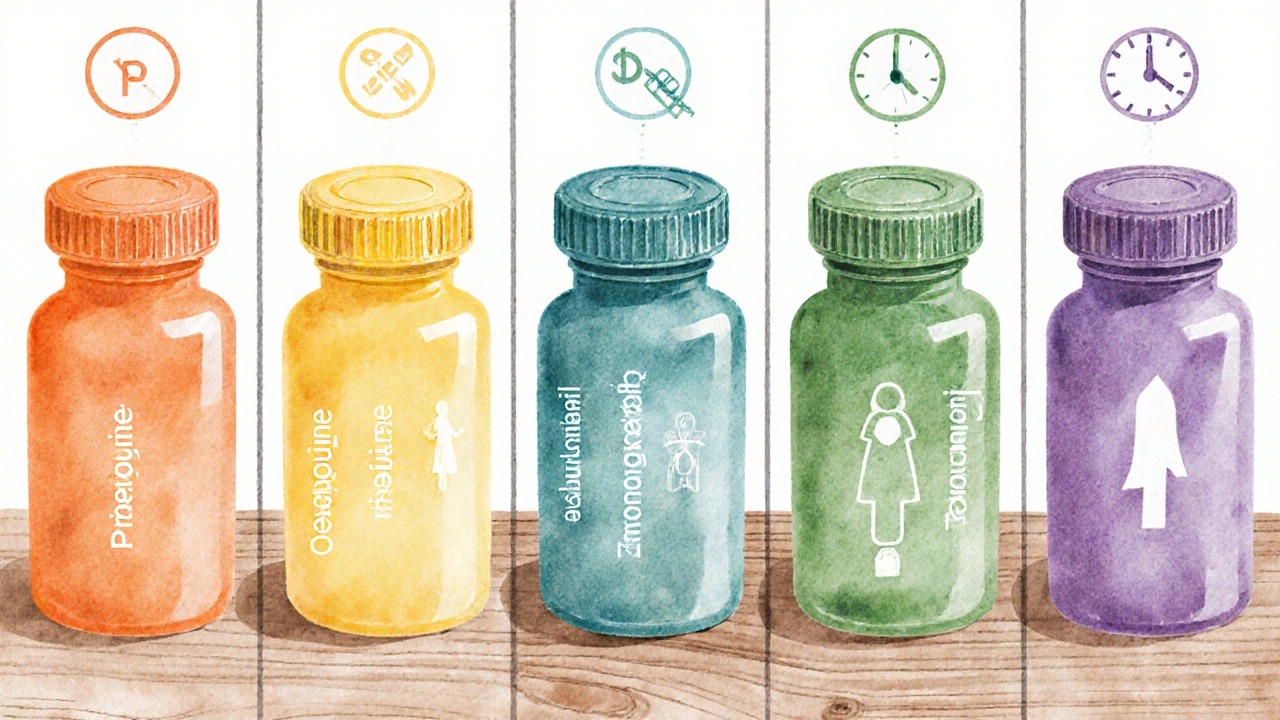 Five watercolor panels showing pill bottles for Primaquine, Chloroquine, Mefloquine, Atovaquone‑proguanil, and Tafenoquine with icons.