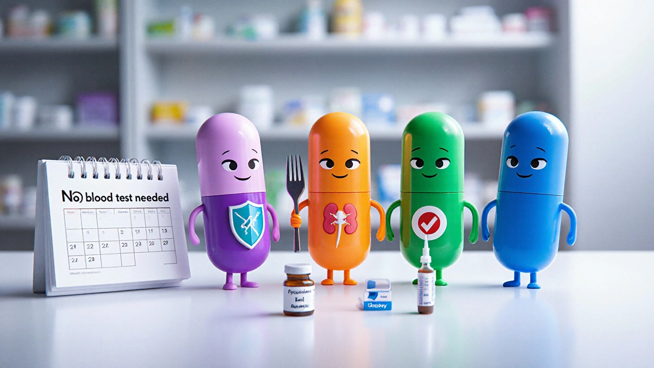 Four friendly capsule characters representing NOACs with no‑test calendar and reversal agent icons.