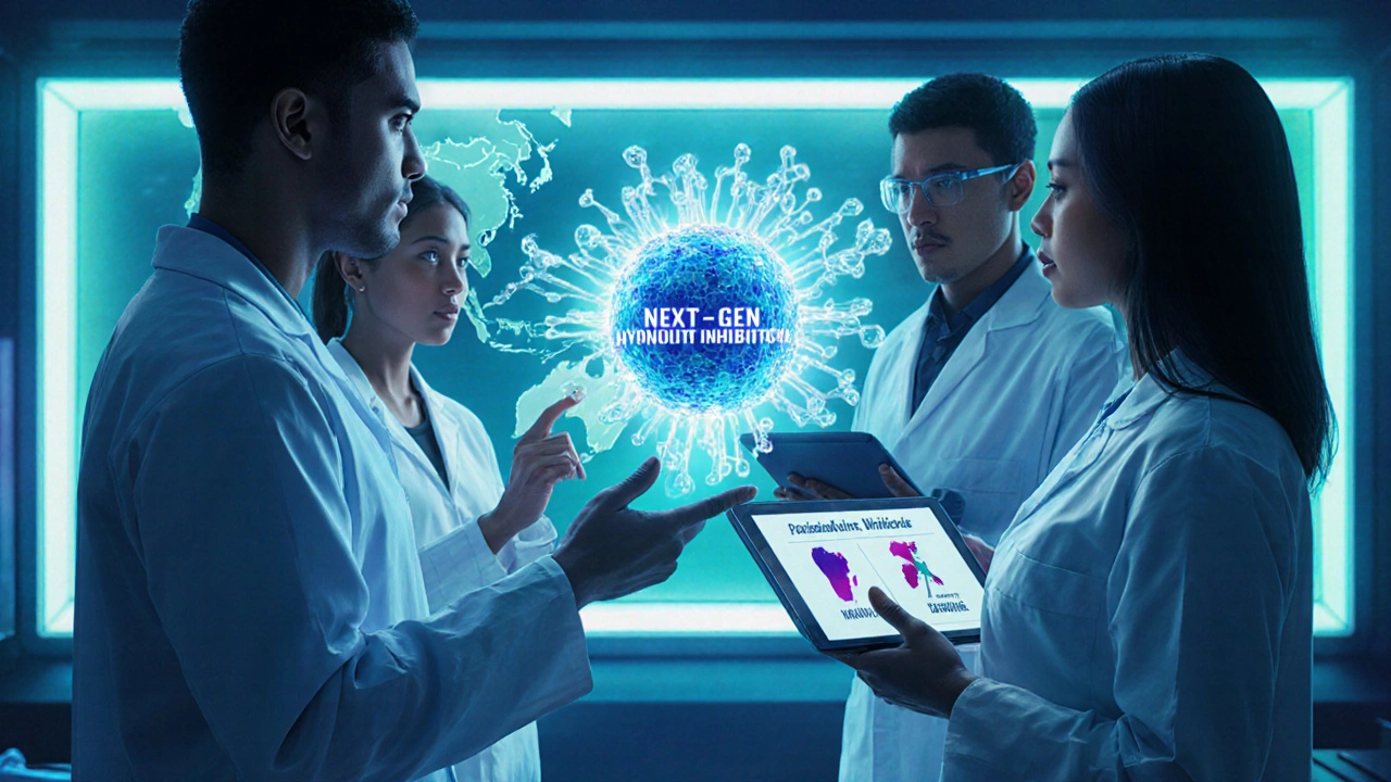 Futuristic lab with holographic hypnozoite being targeted by a new drug, scientists discussing alternatives.