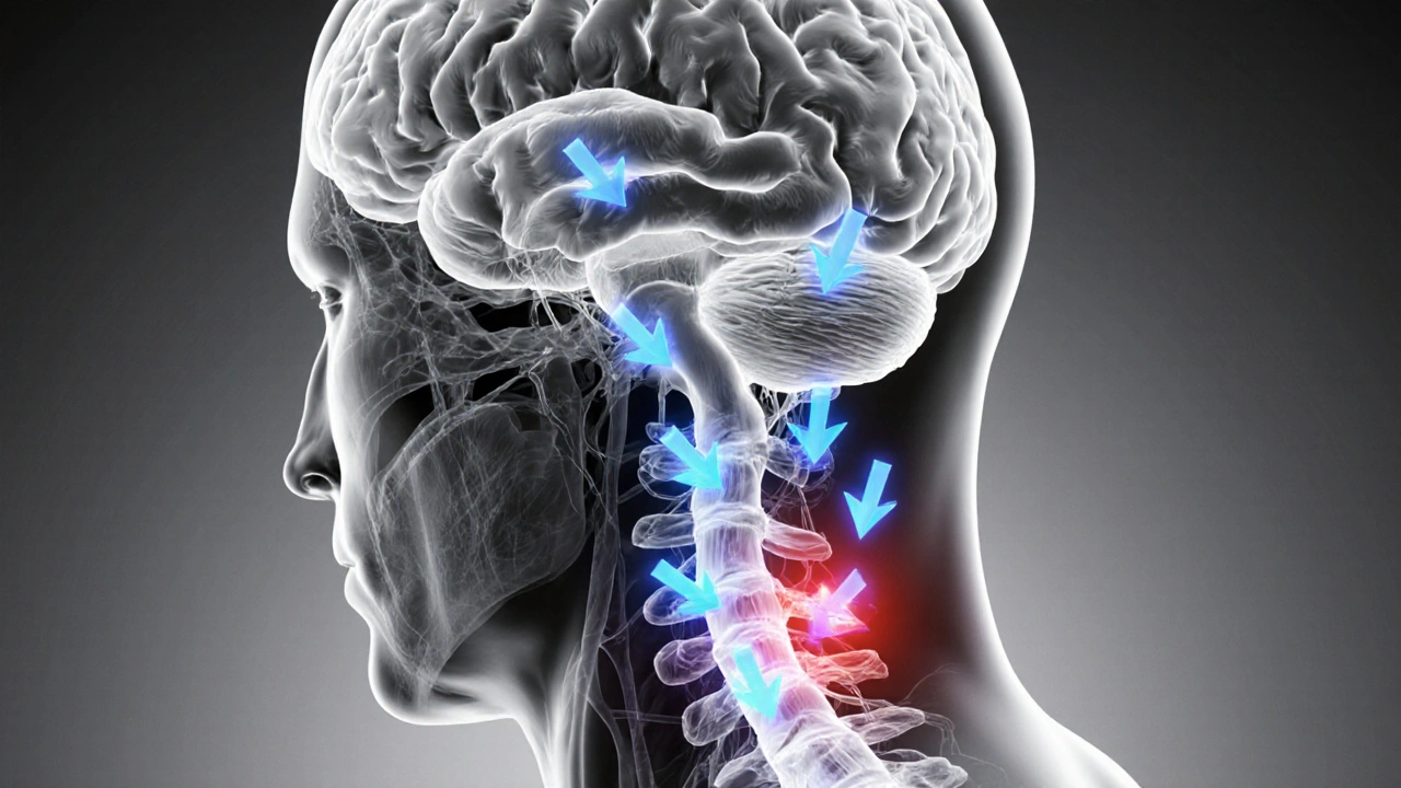 Gray brain and spinal cord diagram showing blue norepinephrine and dopamine pathways dampening red pain signals.