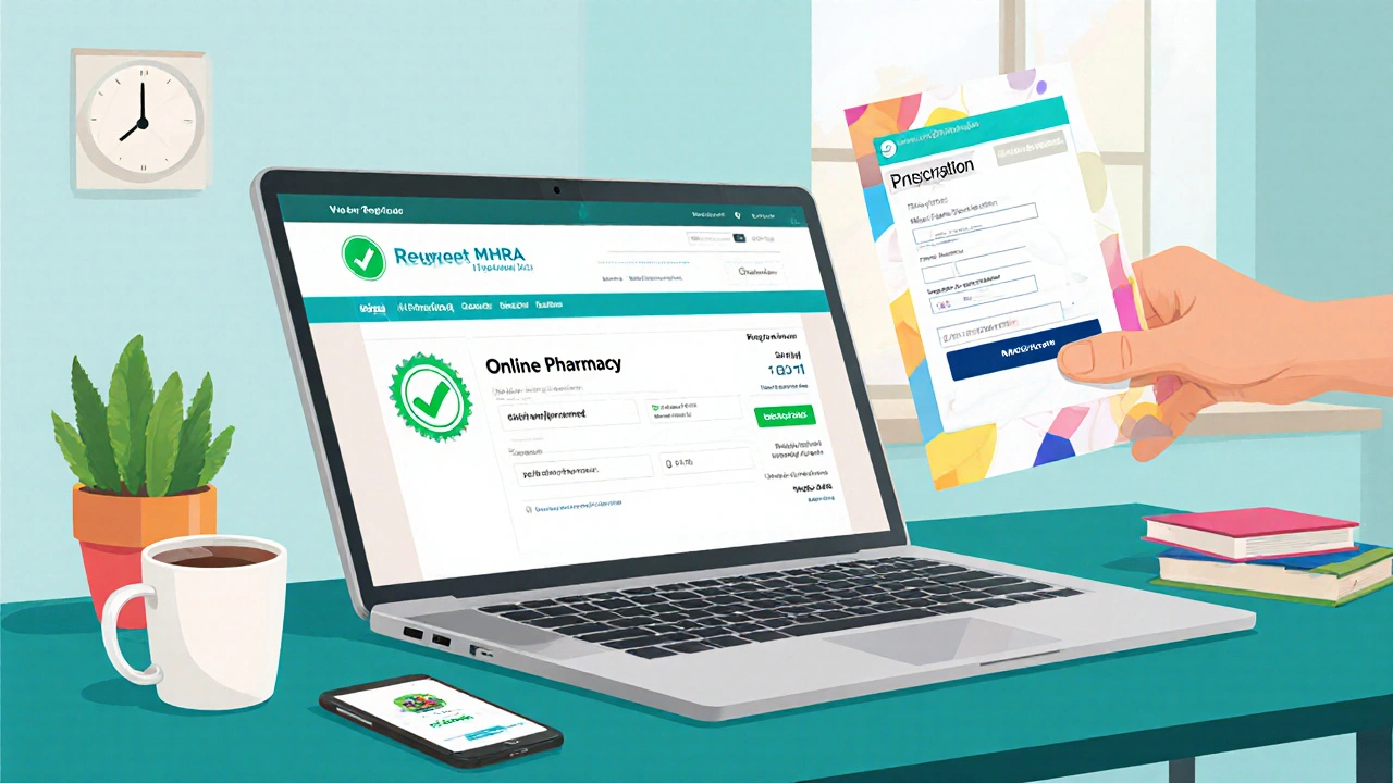 Home office illustration of buying ciprofloxacin online with a prescription and secure payment icons.
