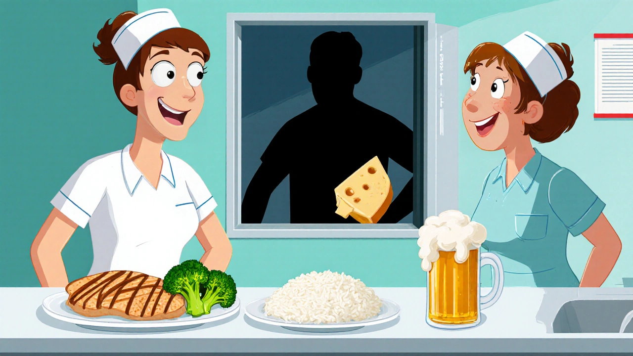 Hospital staff serving safe meals to patients, while risky foods sneak in through the window.