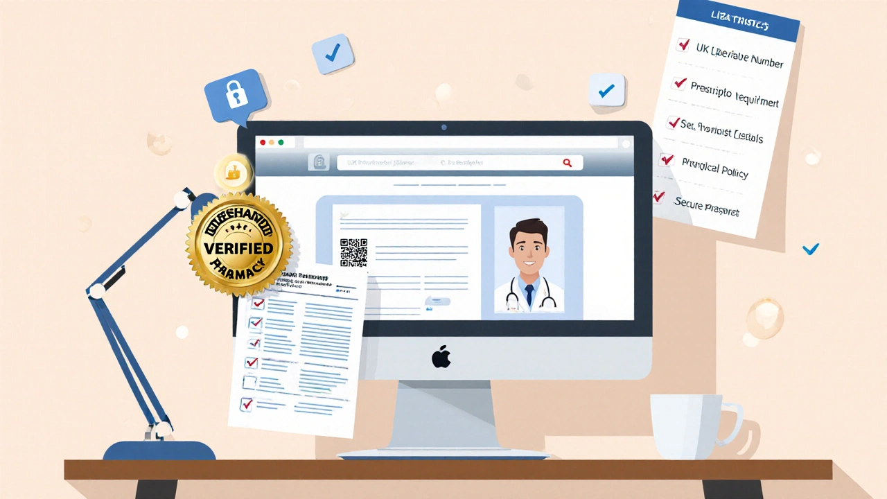 Illustrated desk with laptop showing a verified pharmacy badge and a checklist of safety steps.