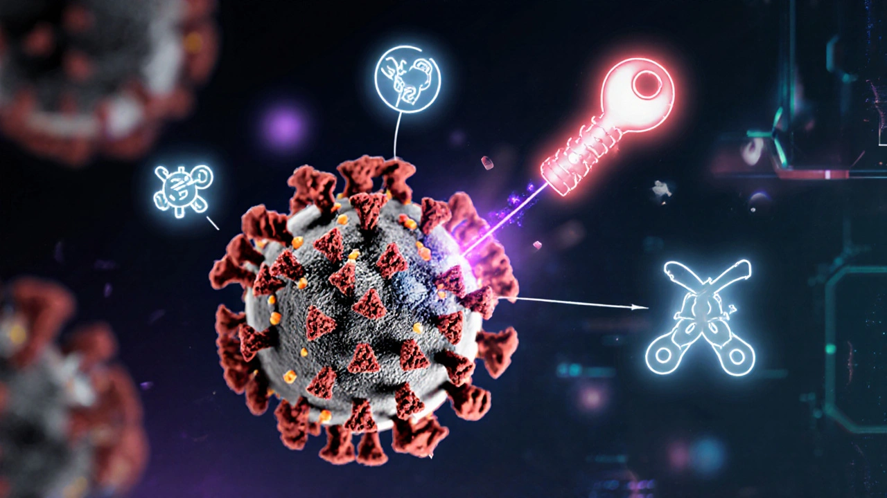 Illustration of COVID‑19 virus being targeted by Molnupiravir, Paxlovid, Remdesivir, and Sotrovimab molecules.