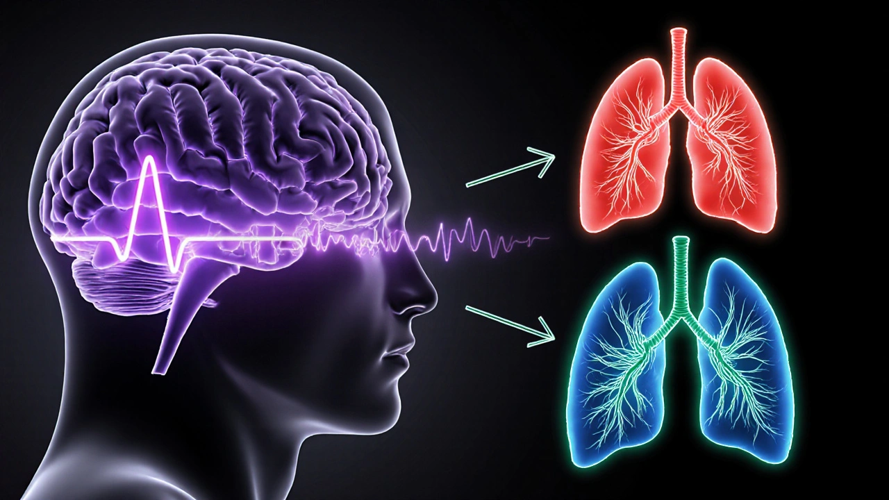 Illustration showing brain seizure wave connecting to heart, lungs, and nervous system.