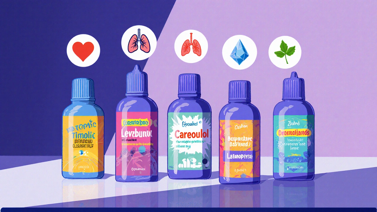 Lineup of six glaucoma eye‑drop bottles with icons illustrating their mechanisms.