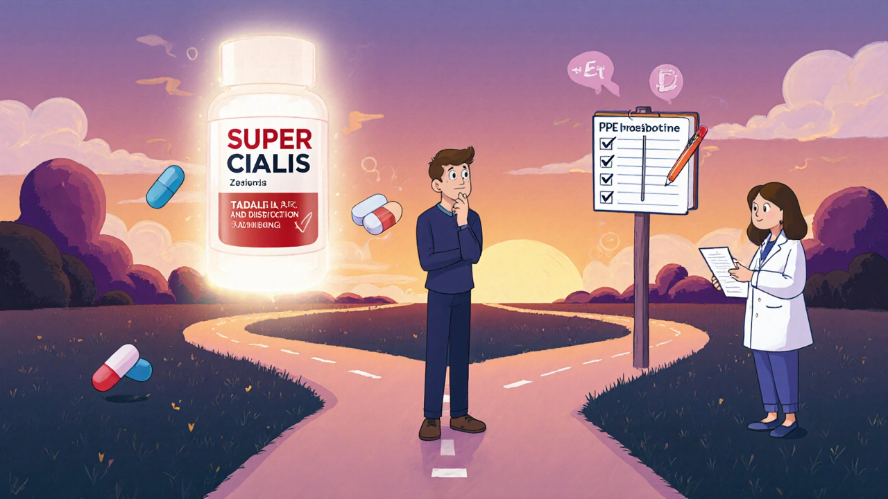 Man at a forked road choosing between Super Cialis and separate pills, with a doctor nearby.