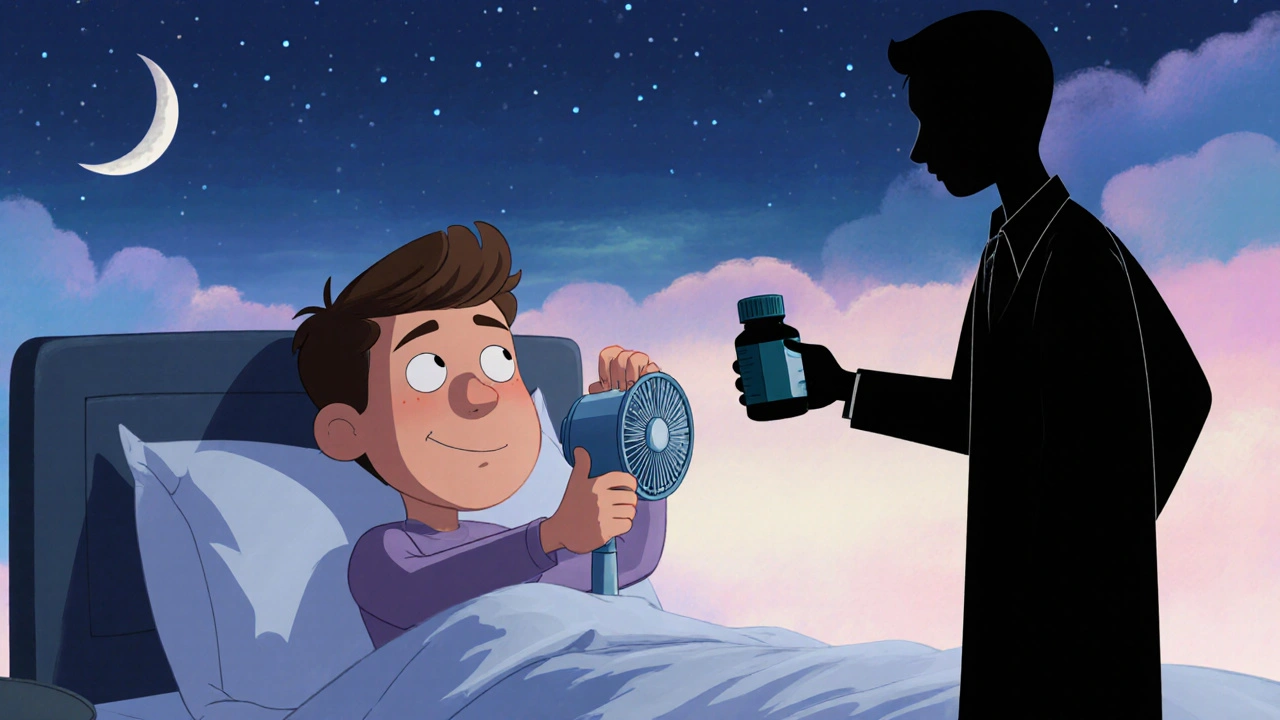 Patient adjusting fan and receiving lower dose medication from doctor.