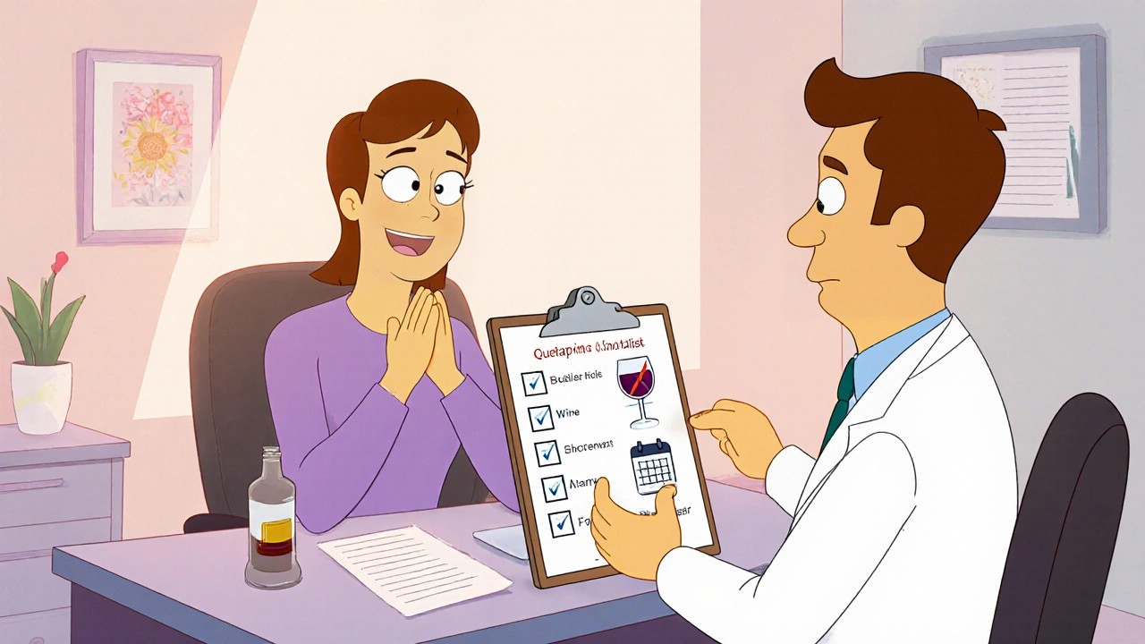 Patient discussing safety checklist with doctor, showing reminders and a crossed-out drink symbol.