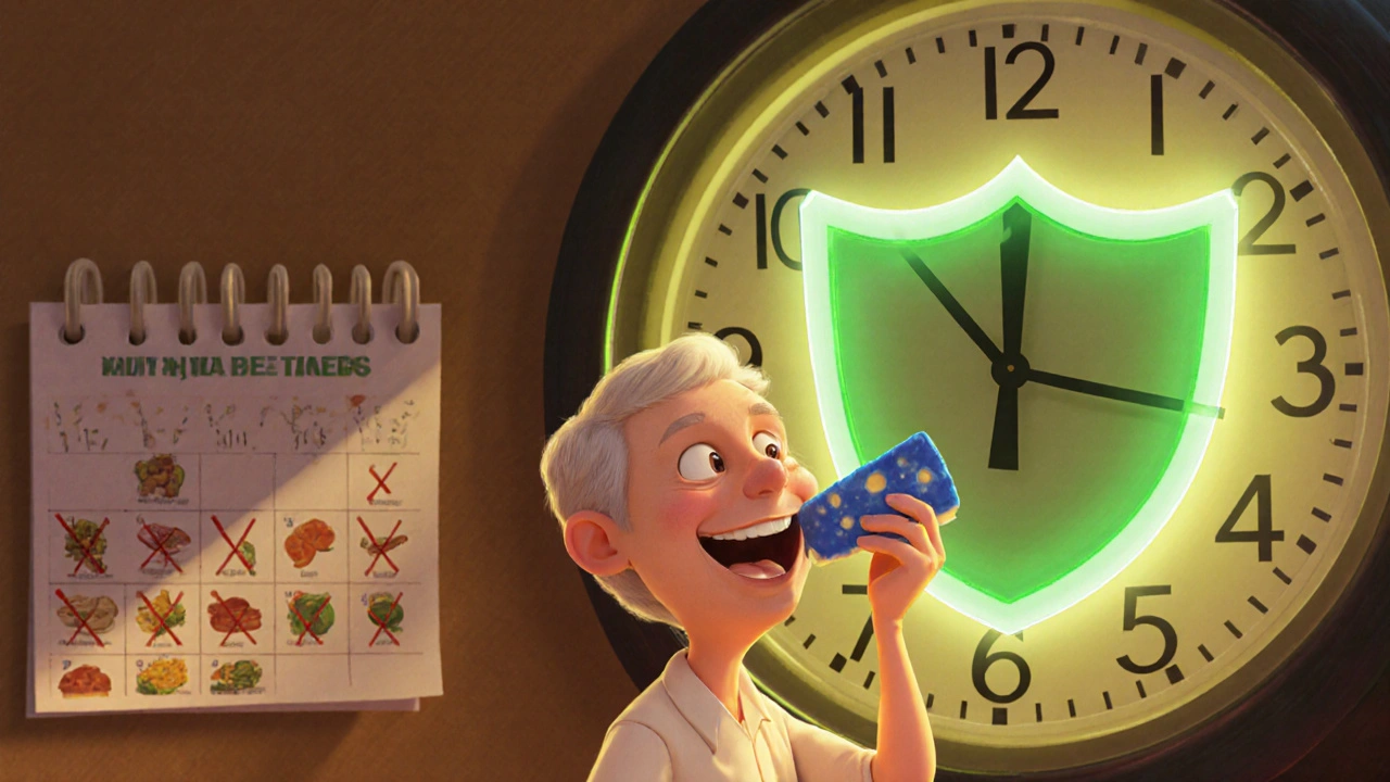 Patient eating cheese on day 14 as a green safety shield forms, symbolizing recovery from linezolid.