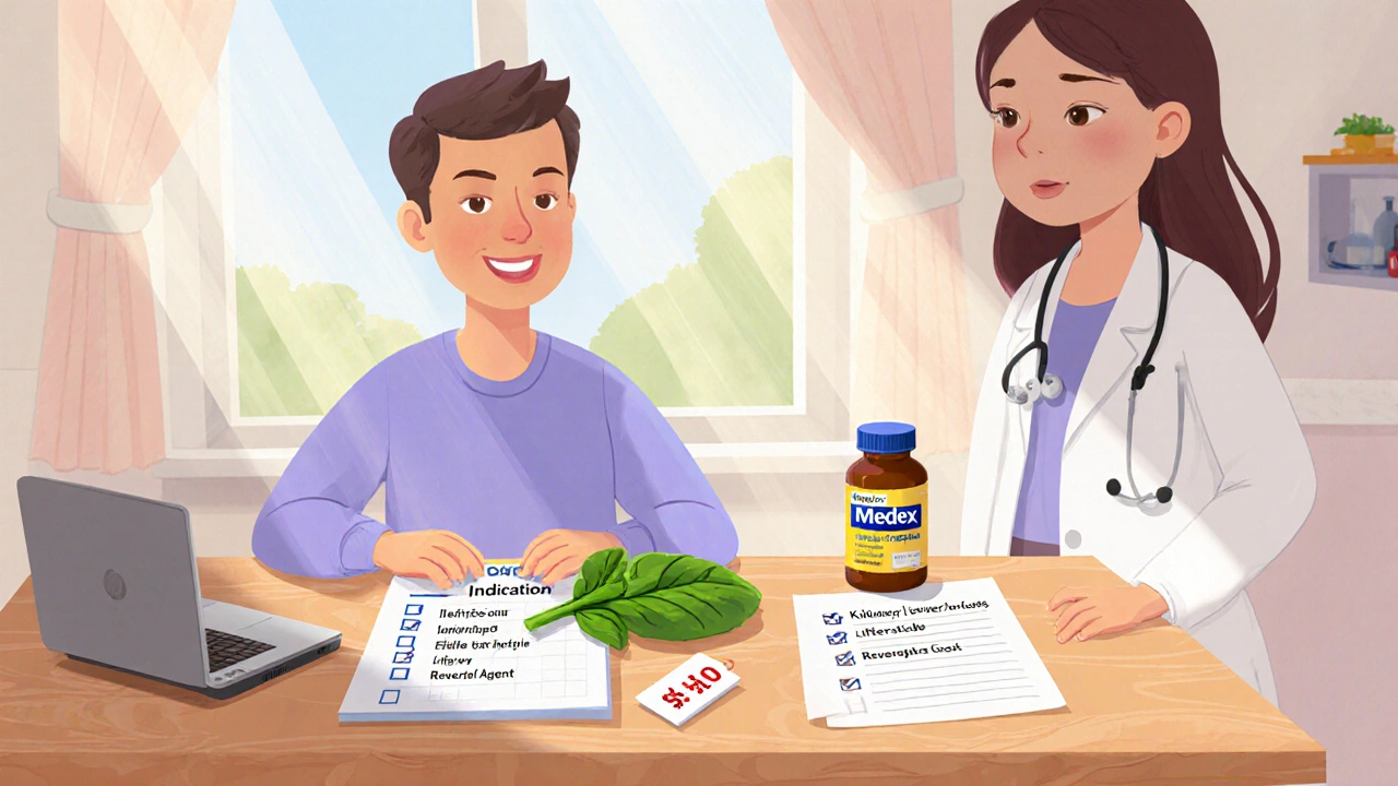 Patient reviewing medication checklist with doctor, showing pills, spinach leaf, and price tag.