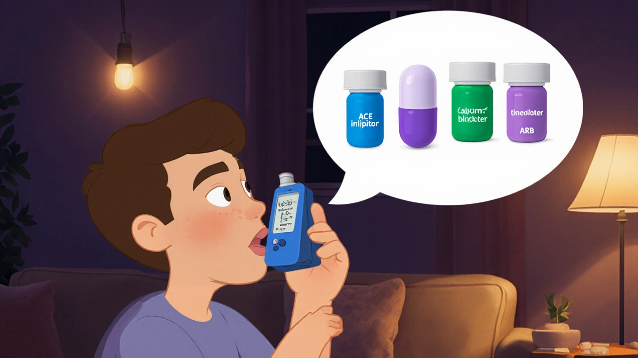 Patient uses peak‑flow meter, inhaler, and imagines alternative blood‑pressure pills.