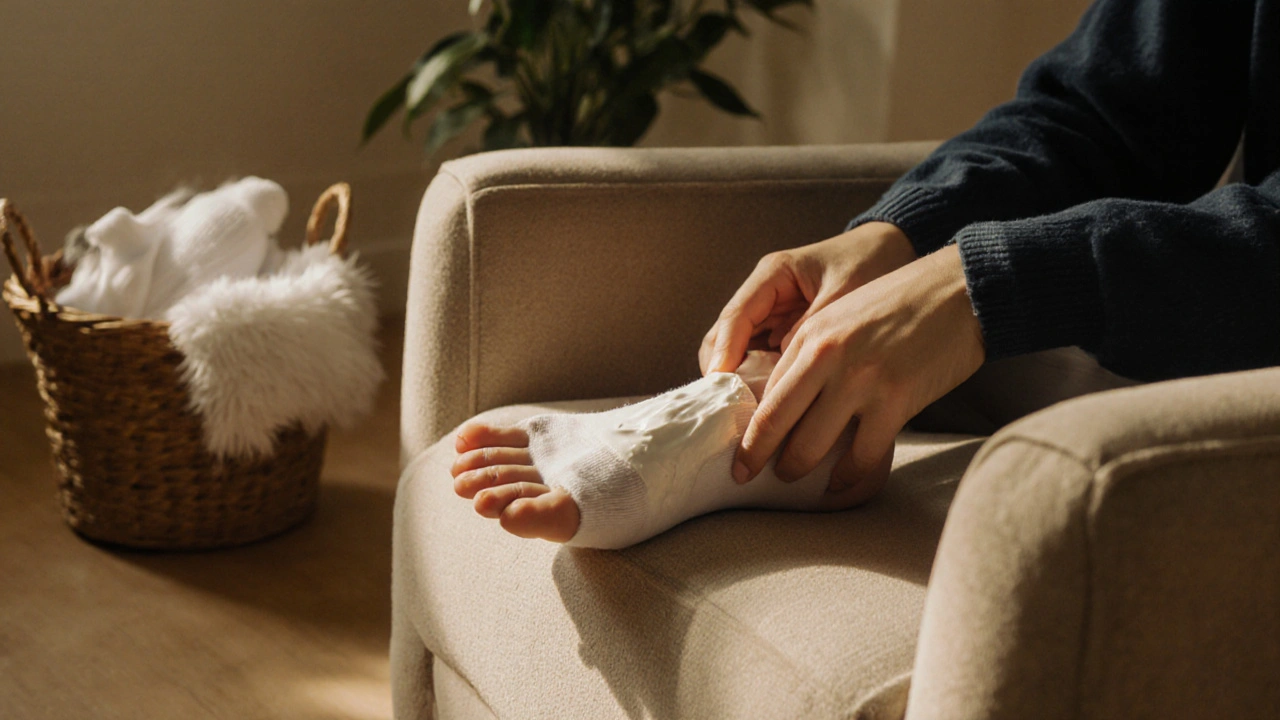 Person applying cream to foot while wearing a sock, surrounded by cozy home setting.