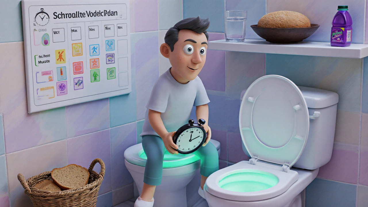 Person in bathroom using timer, doing pelvic‑floor exercise, with prune juice and bread nearby.