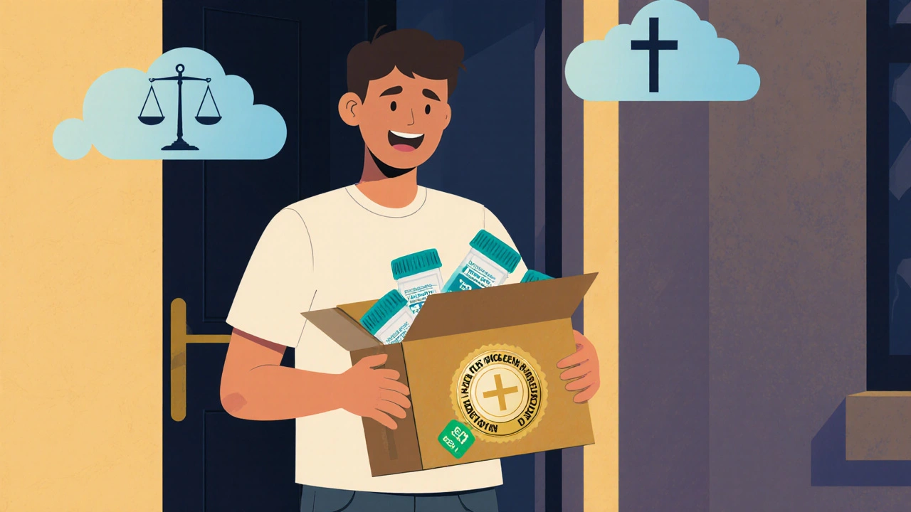 Person opening a parcel with generic duloxetine bottles, with a verified badge and legal symbols.