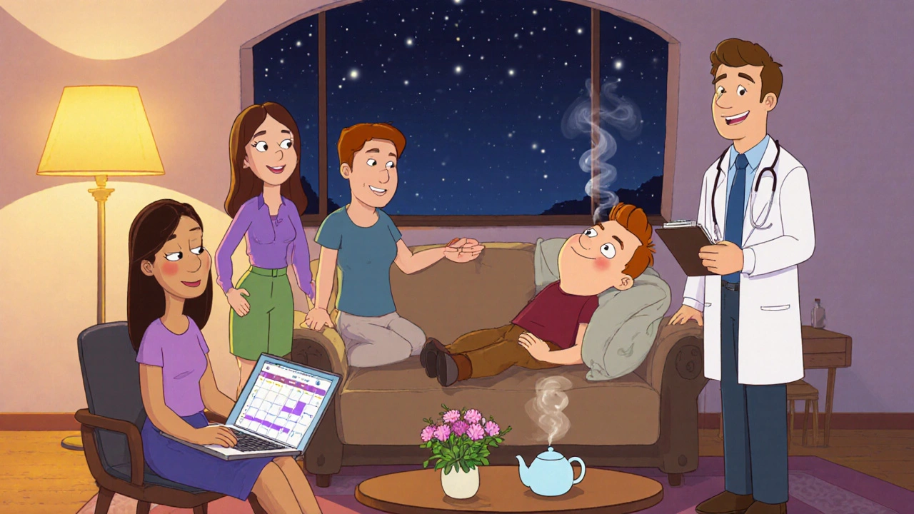 Person surrounded by supportive friends and family, planning treatment schedule in a cozy setting.