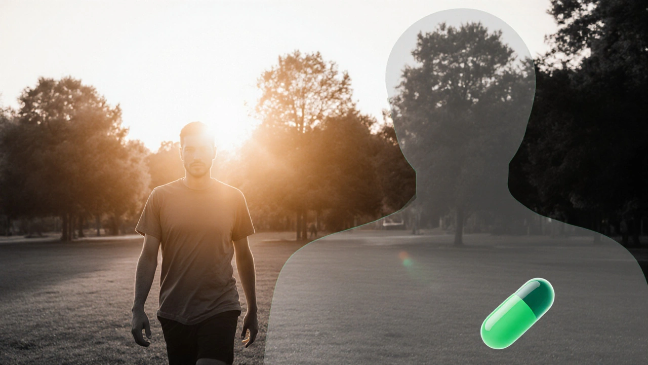 Person walking in a sunrise park, indicating improved mood and pain relief.