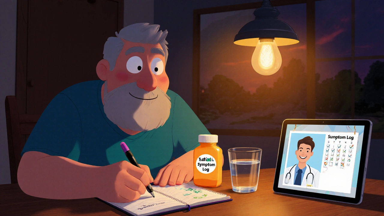 Someone at kitchen table logging symptoms, with pill bottle and doctor avatar on tablet.