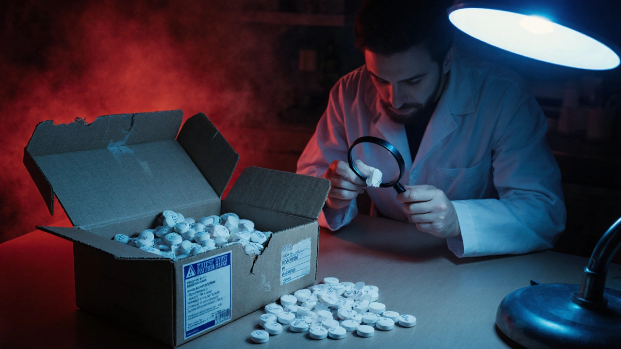 Spilled tablets from a broken box with missing safety seal, inspected by a lab technician.