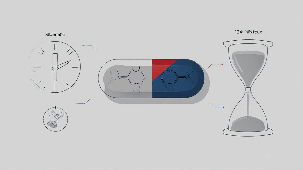 Tablet split open showing sildenafil and tadalafil molecules with onset and duration icons in grayscale.