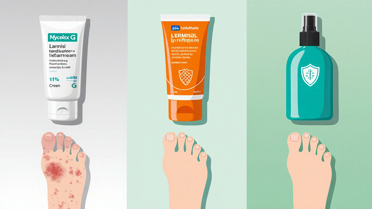 Three antifungal products displayed with foot silhouettes illustrating different treatment effects.
