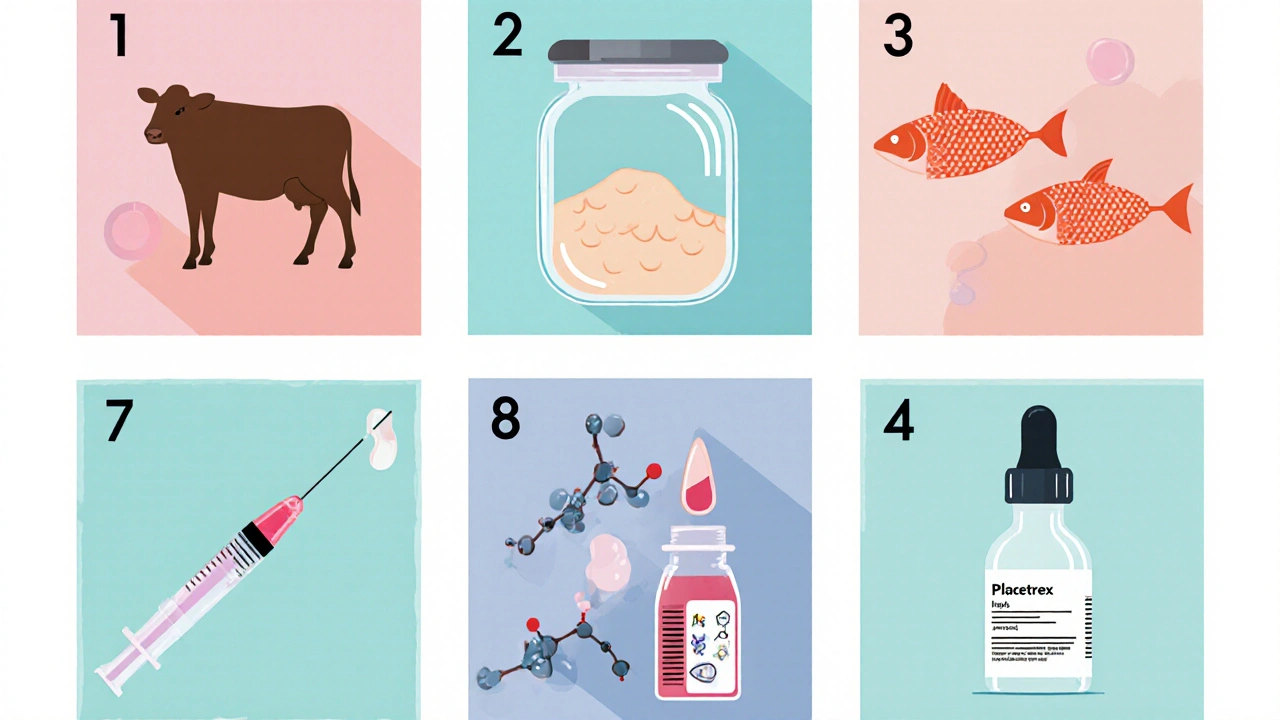 Vector panels showing capsules, powder, syringes, and ampoules of six placental and collagen alternatives.