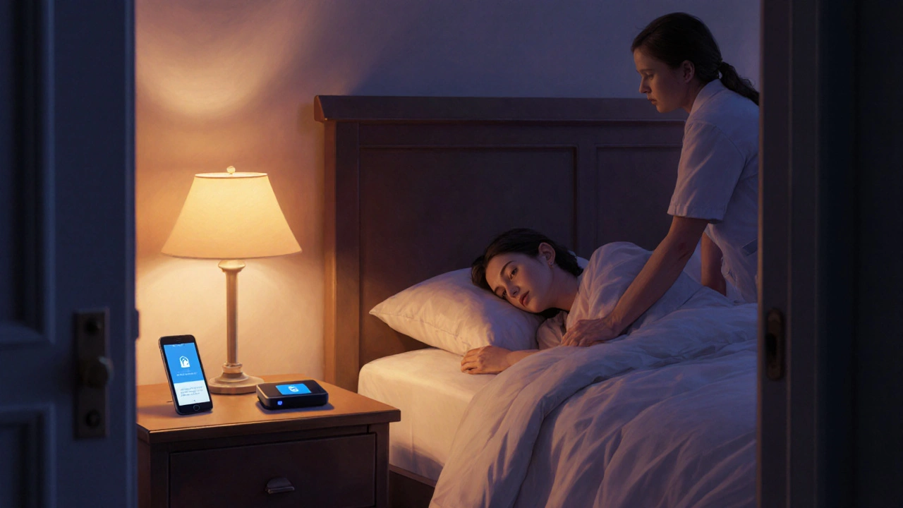 Warm bedroom with sleeping person, monitoring device, and caring caregiver nearby.