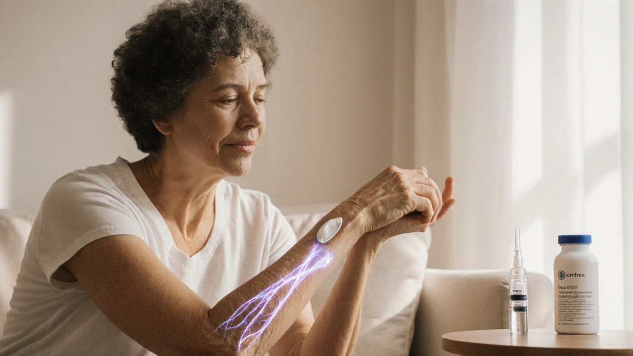 Woman applying cream to her arm with a nearby injection kit, symbolizing skin and joint care.