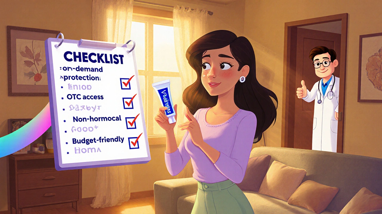 Woman holding V Gel tube with a checklist of positive features behind her.