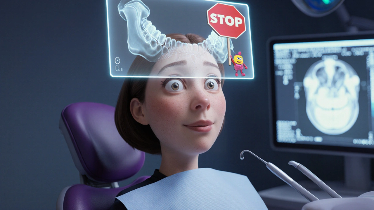 Woman in dentist chair sees hologram of her stabilized jawbone with calcitonin stopping bone loss.