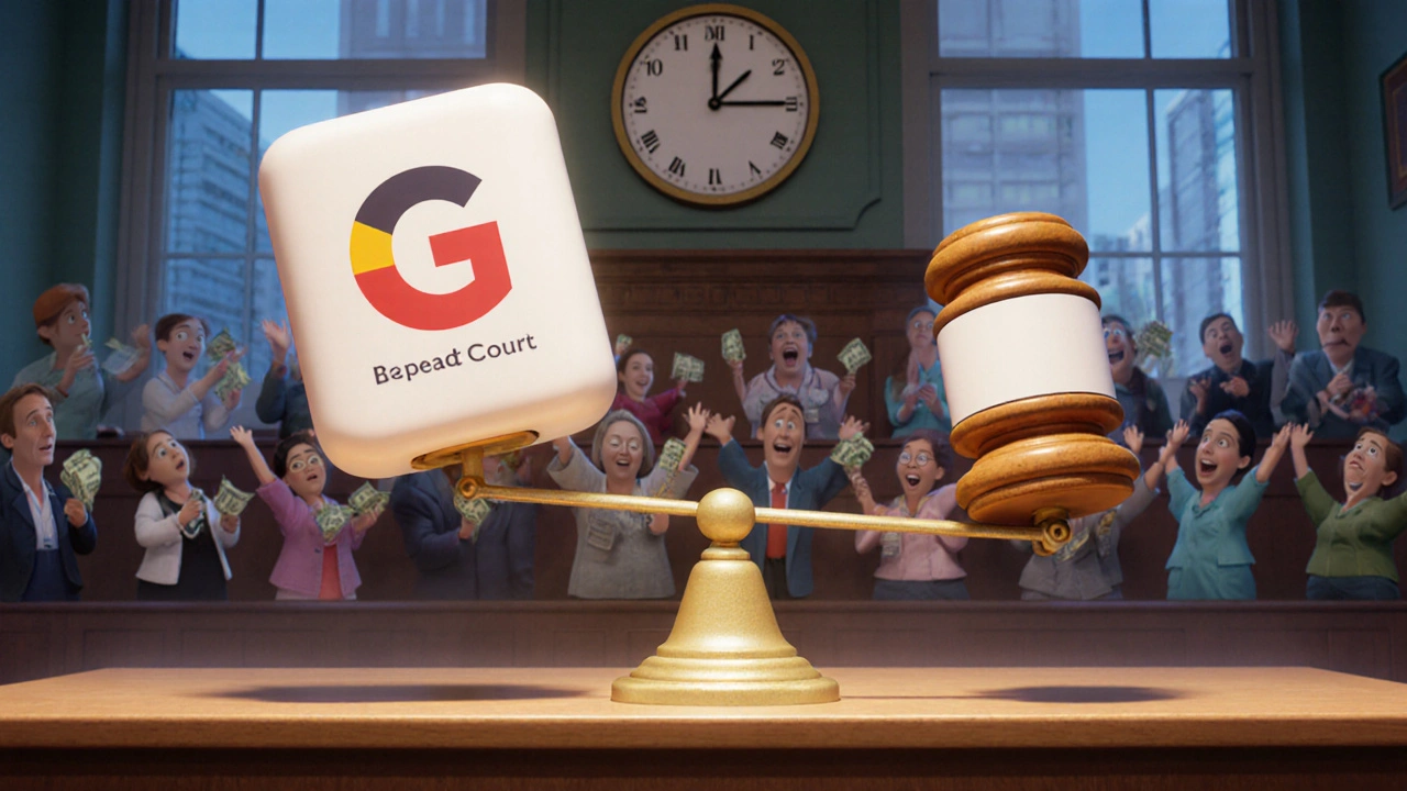 A courtroom scale tipping as a pill-shaped gavel falls, with patients cheering.