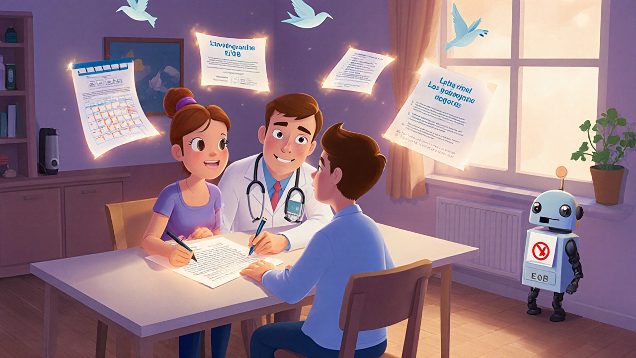 A doctor writes a medical letter at a kitchen table while clinical guidelines float as magical birds around them.